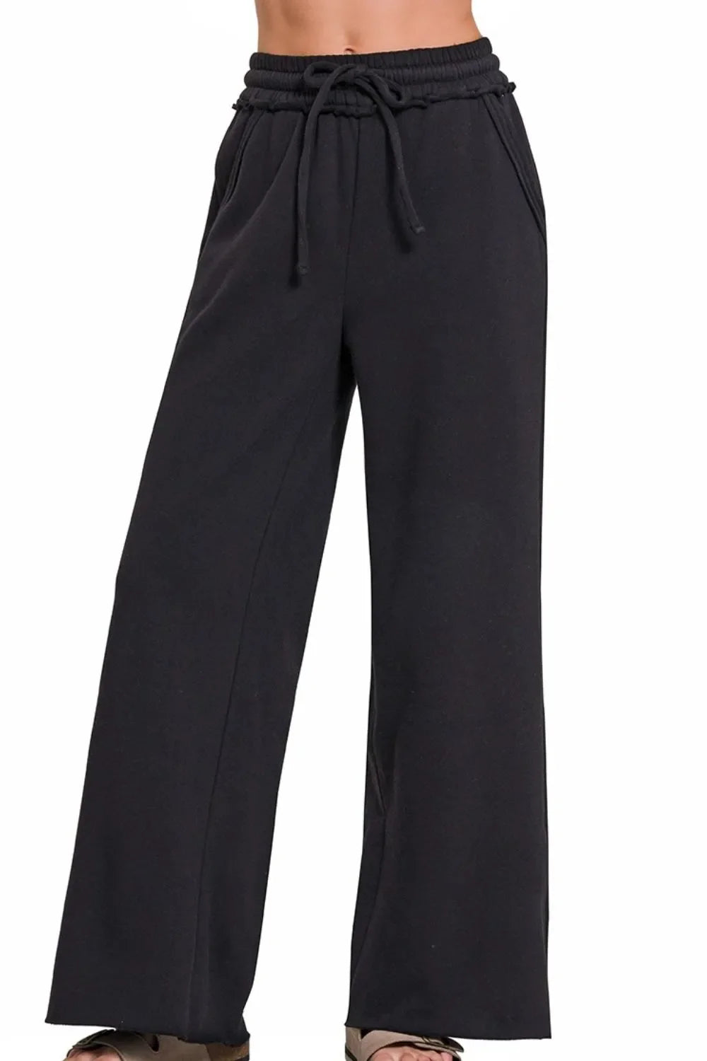 Black Wide Leg Pants – Soft Cotton Blend, Drawstring & Pockets