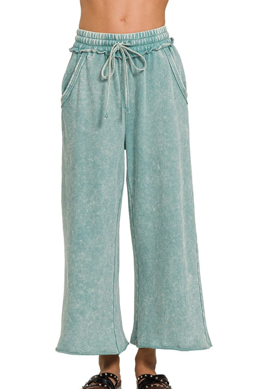 Ash Blue Wide Leg Pants – Ruffle Waist, Vintage Wash & Pockets