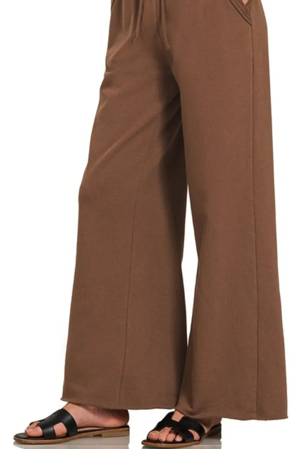 Brown Wide Leg Lounge Pants – Knit, Drawstring Waist & Side Pockets
